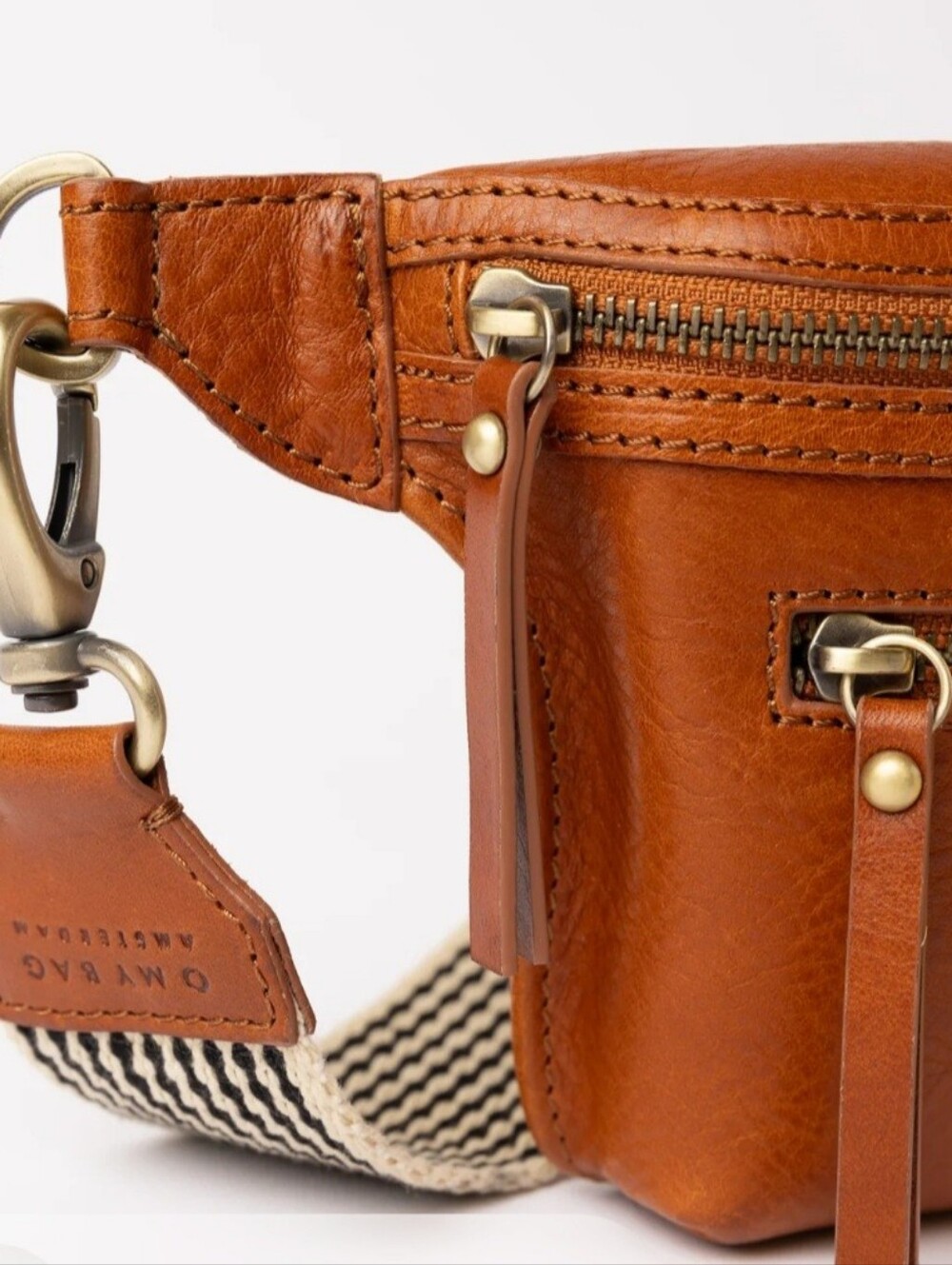 O MY BAG AMSTERDAM. Tan Leather Crossbody with Striped Canvas Strap. PRICE DROP - Picture 3 of 6